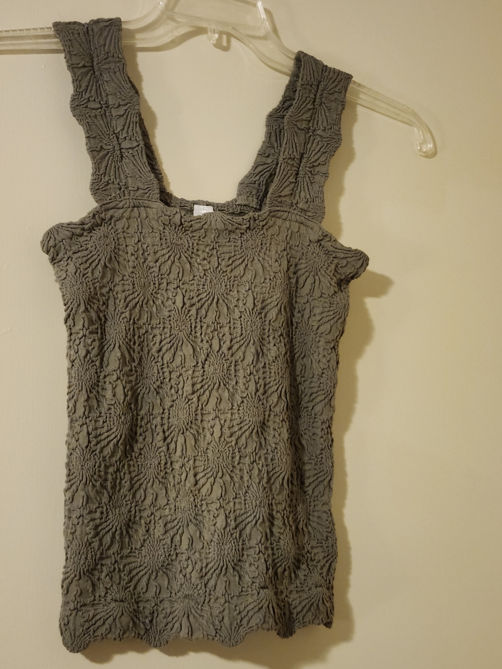 Women's Boho Green Solid Textured Knit Sqare Neck Ruffle Stretch Tank Top L